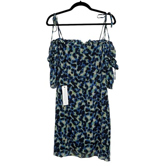 Topshop Frill Bardot Tie Off Shoulder Blue Leopard Animal Mini Dress 14 NWT - Picture 2 of 13
